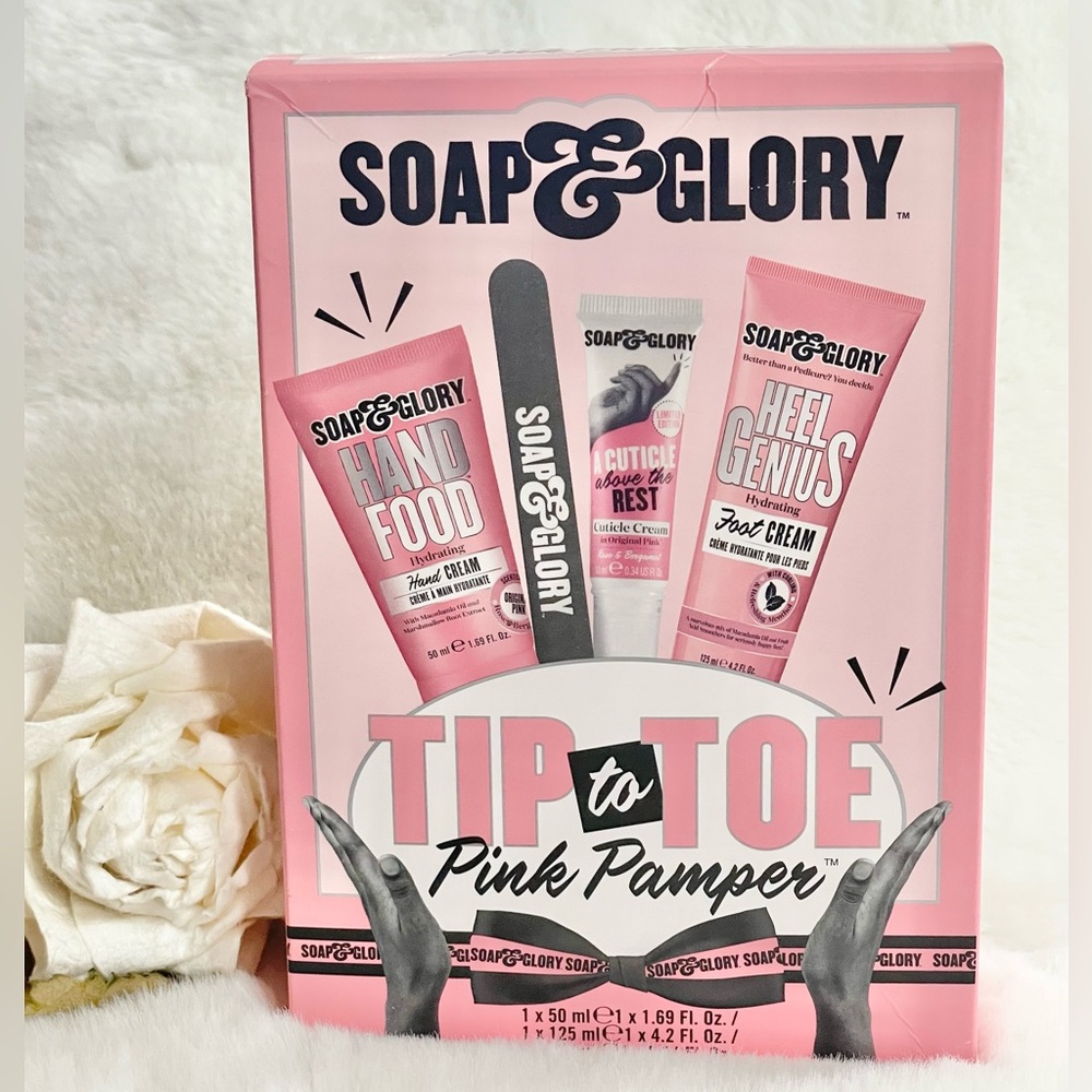 NWT SOAP & GLORY TIP TO TOE PINK PAMPER 4PC Set Hand,Cuticle & Foot Cream + File
